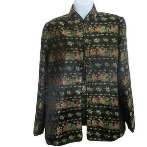 Vintage PBL Women Silk Jacket Blouse XL Black Chariot Horse Shogun Asian Themed